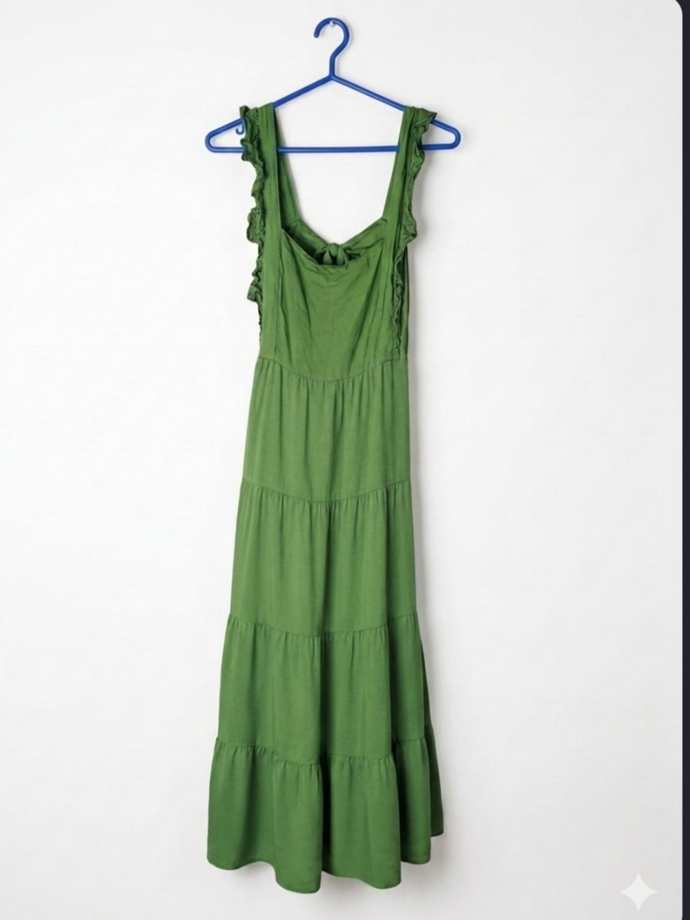 Beyond Words Green Tiered Maxi Dress Open Tie Back.  Size Medium
